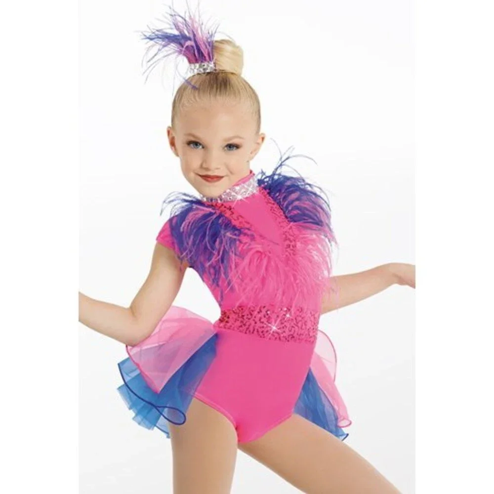 Pre-Owned Dance Costume Weissman 11869 Large Child Pink Feathers Jazz Sequin